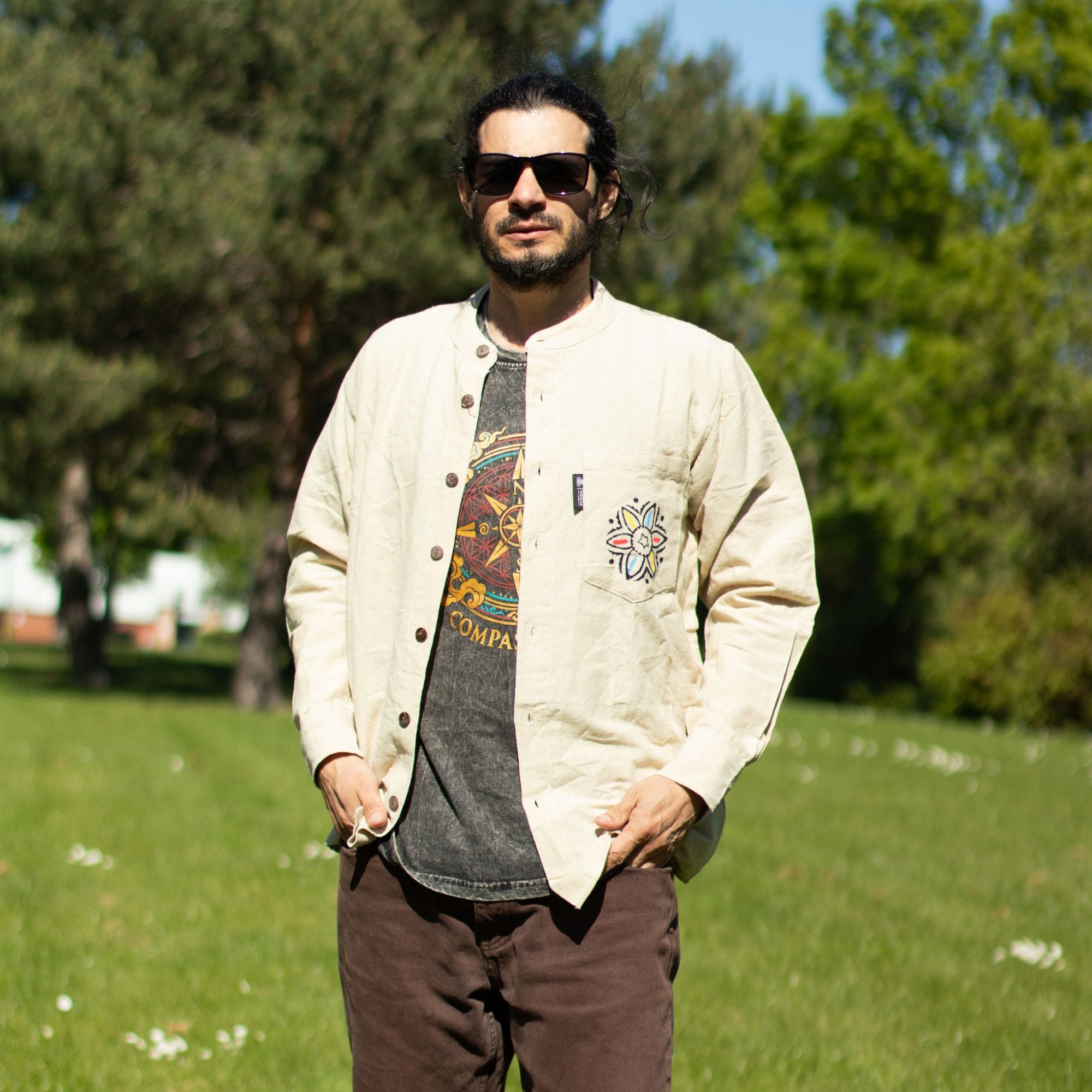 Nomad Sari Stonewashed Cotton T-Shirt - Compass of Life - Charcoal - Large